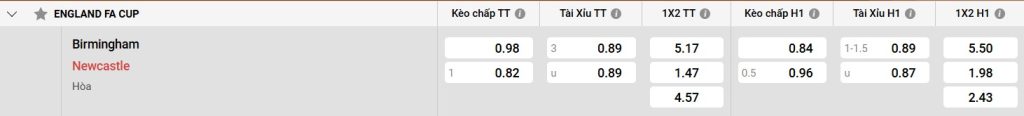 Bảng kèo Birmingham vs Newcastle