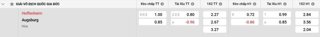 Bảng kèo Hoffenheim vs Augsburg
